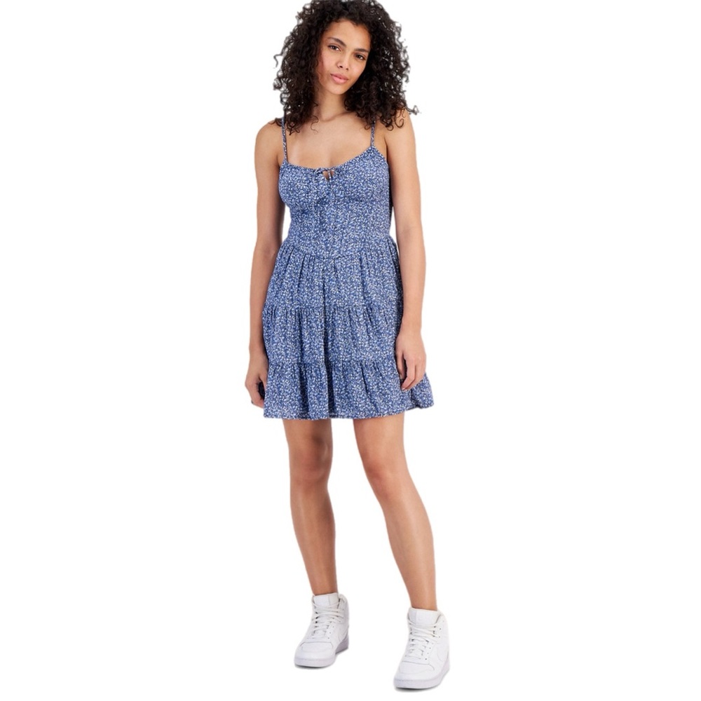 Tinseltown Juniors Spaghetti Strap Floral Blue/White Flowy Mini Dress, Size XL